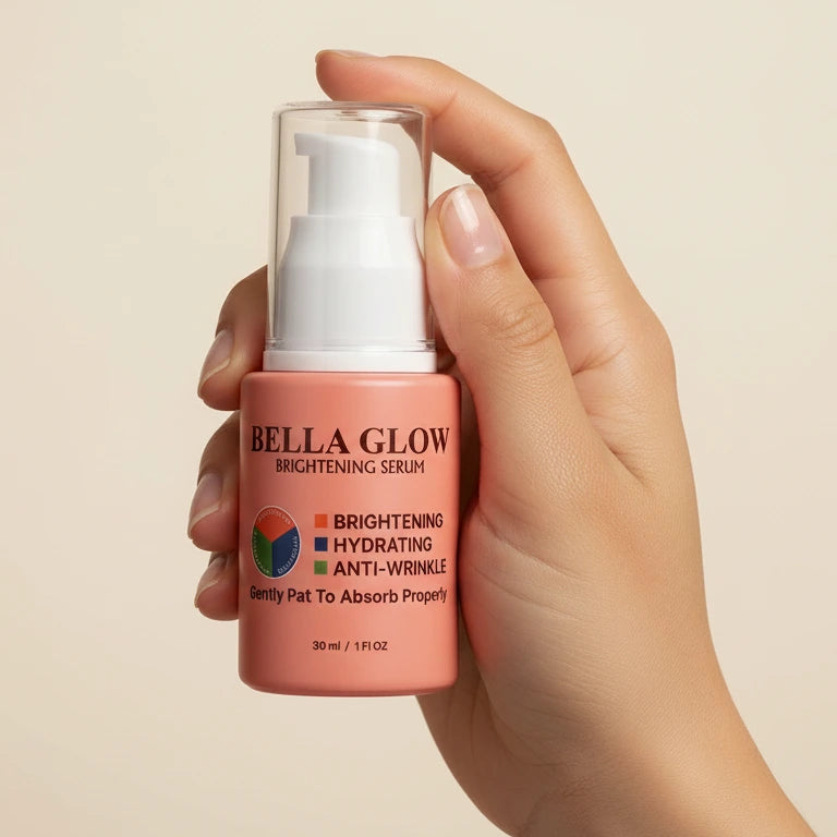 Hand holding a bottle of Bella Glow serum against a beige background